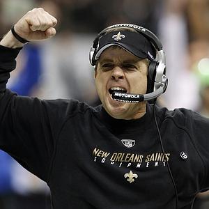 Saints coach Payton celebrates after a replay awarded the Saints a touchdown against the Vikings in the NFL NFC Championship football game in New Orleans